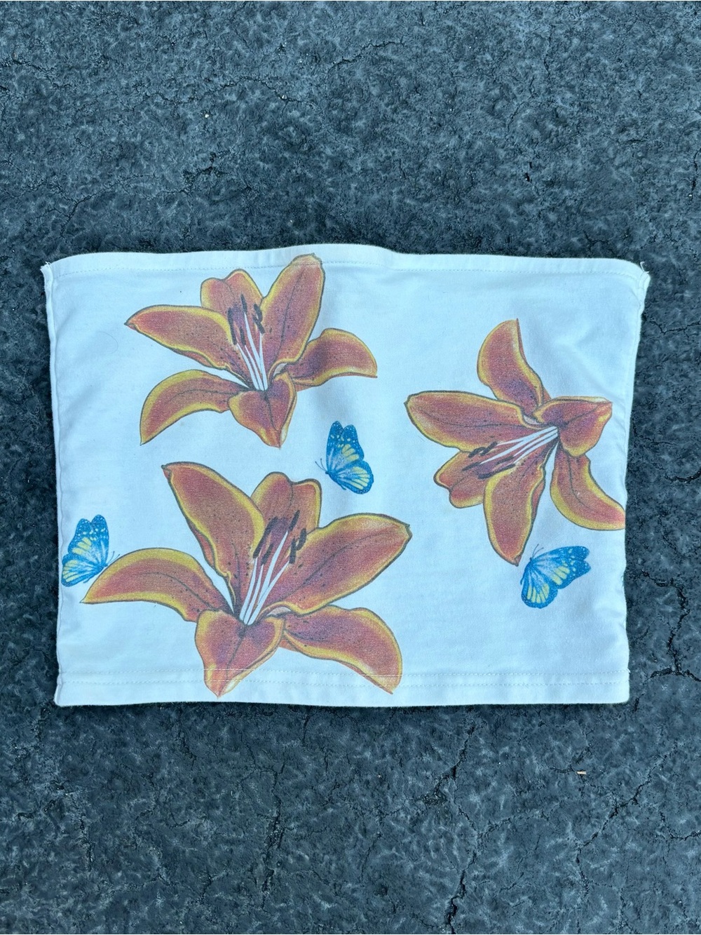 Edikted White Tube Top with Orange Lily and Blue Butterfly Motif